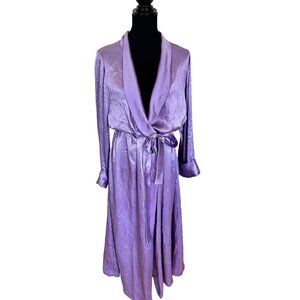 Vtg Purple Satin Robe Belt Long Sleeves Womens Medium Lavender Full Length